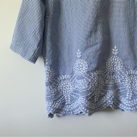 August Silk Navy Striped Collared Embroidered Floral Blouse M - Picture 4 of 4